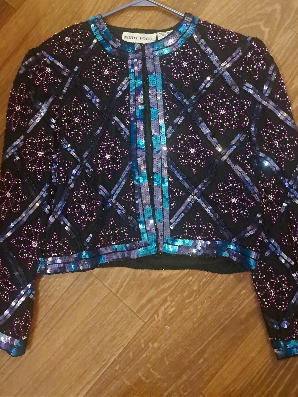 Women's Black Vtg. Night Vogue Silk Sequin & Beaded Jacket / Geometric/ Floral L
